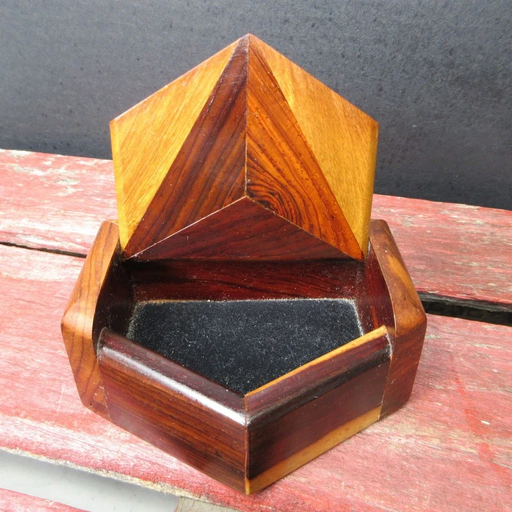 Vintage Geometric Wood Trinket Box Dark Light Brown Octagon Shape Felt Lined